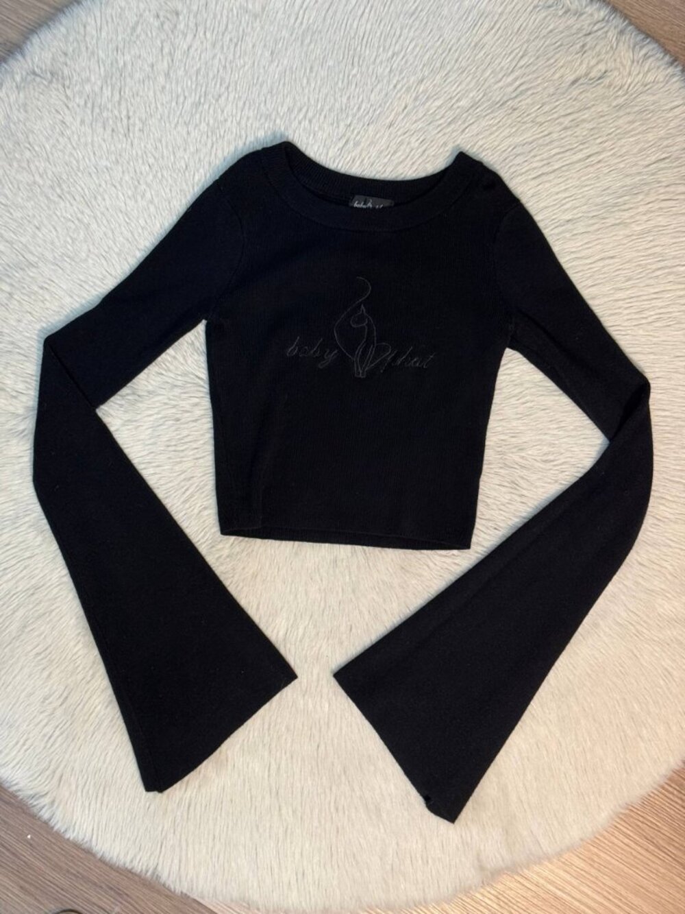 Baby Phat Y2K Black Ribbed Crop Top with Bell Sleeves | XS